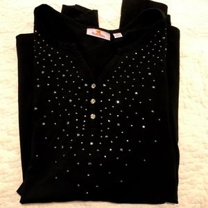 QF black 3/4 sleeve v-neck tunic embellished with rhinestones (2X)